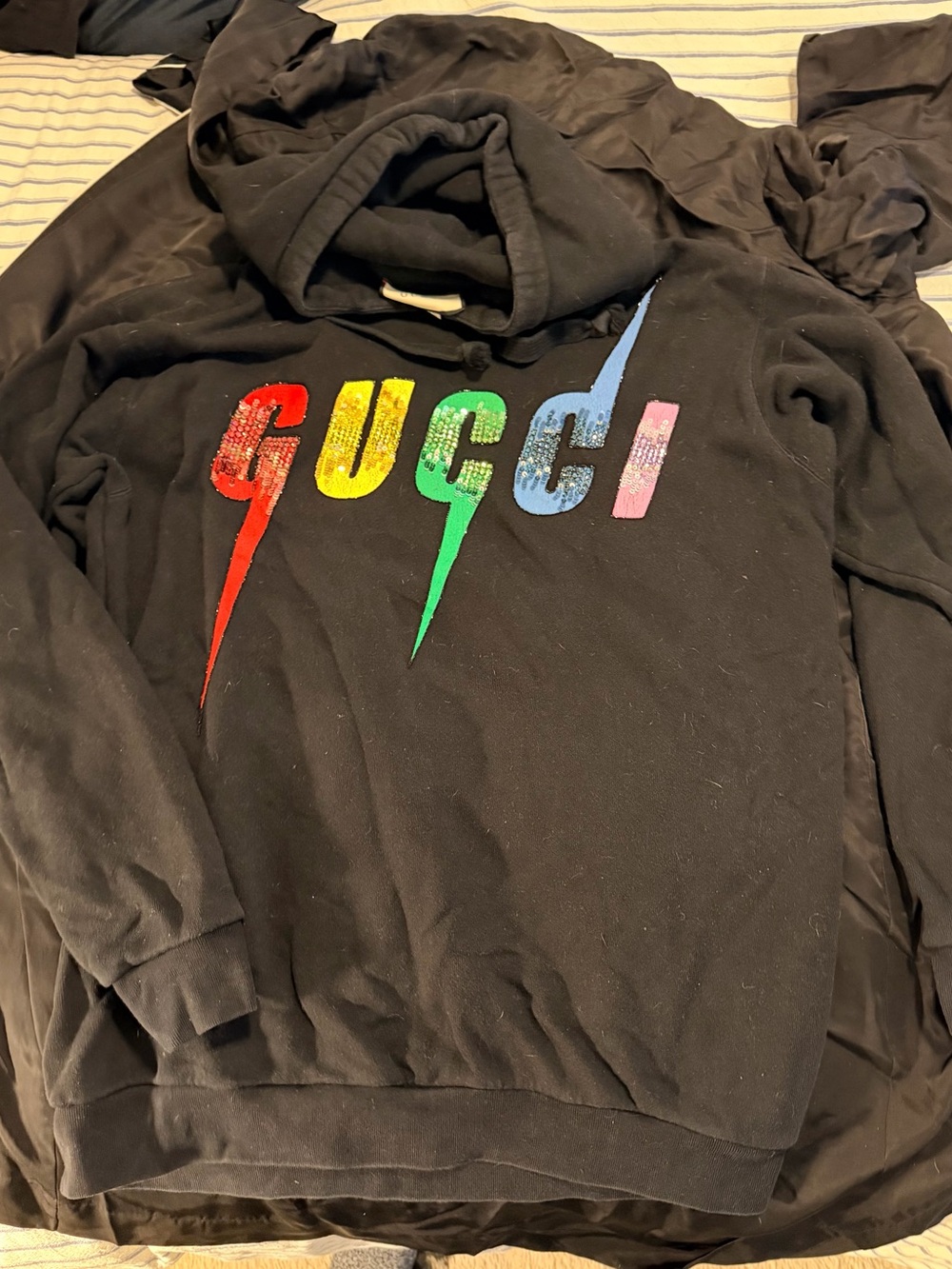 Gucci Black Hoodie with Multicolor Lightning Logo
